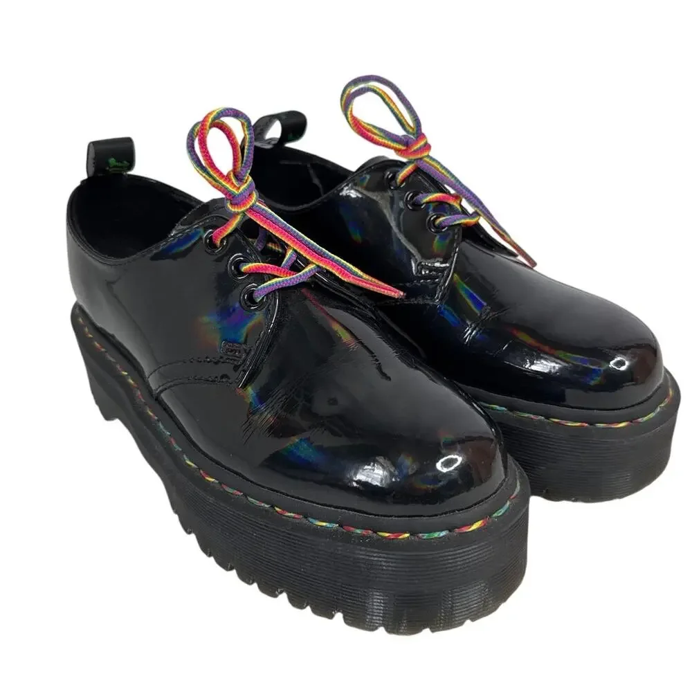 Dr. Martens 1461 Quad Rainbow Patent Platform Shoes black size 7 ladies 6 Men